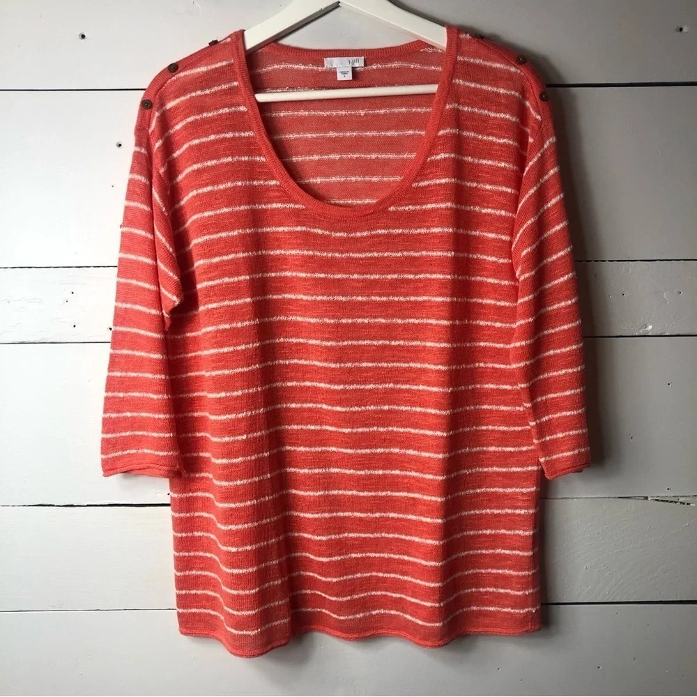 J. Jill Orange/Coral White Striped Linen Blend Knit 3/4 Sleeve Size Small